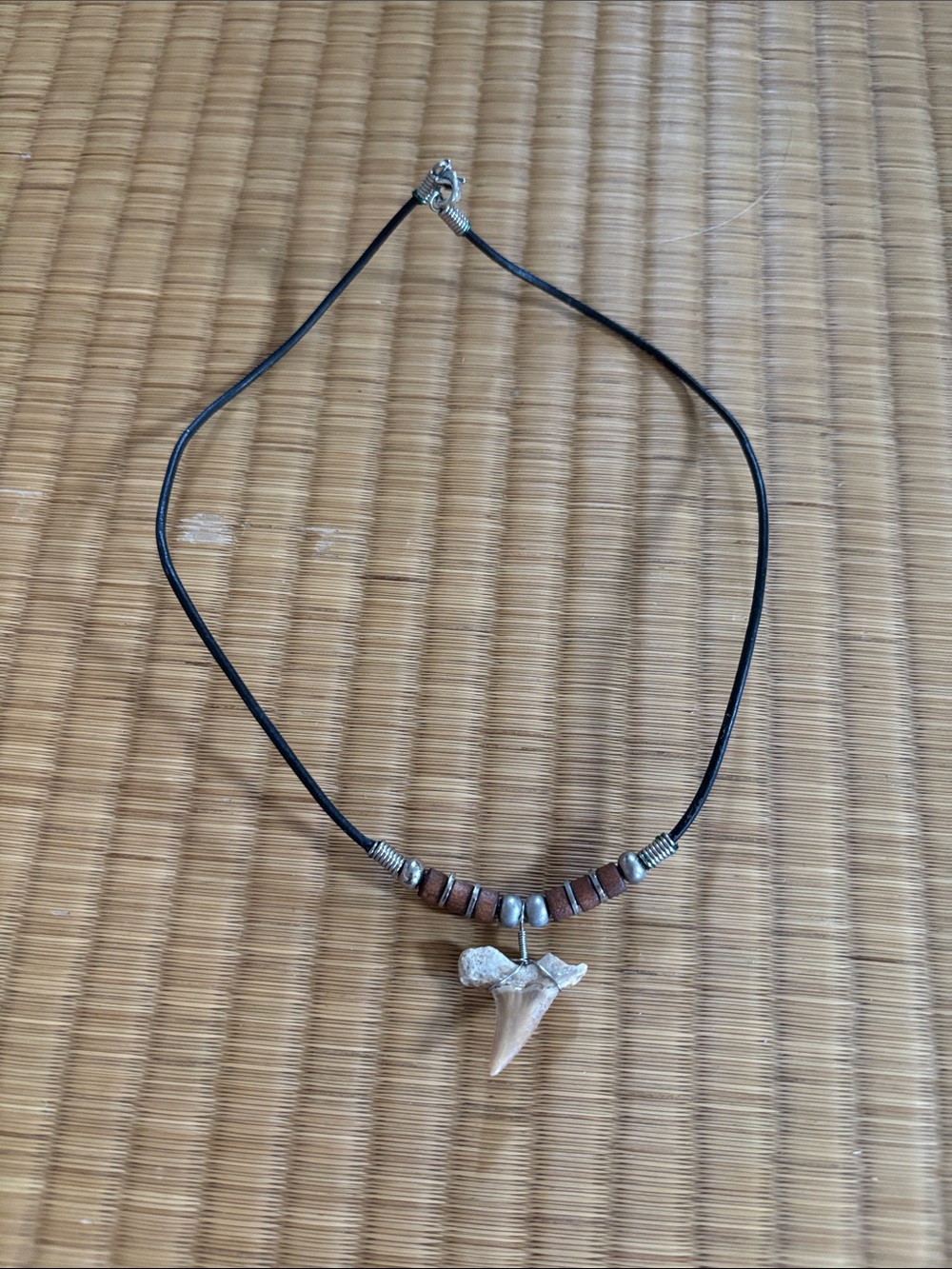 Leathery Cord Necklace with Brown Beads and Silver Shark Tooth Pendant